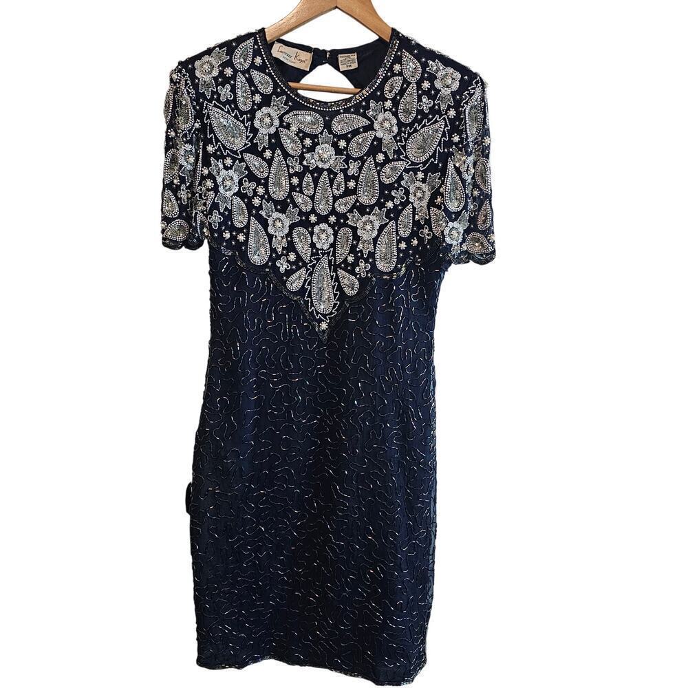 Vintage Laurence Krazar Silk Dress Women Med Blue Sequin 80s Beaded Glam Rock